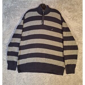 Nautica Mens XL Quarter Zip Sweater Navy Grey Striped 100% Cotton Pullover 90s